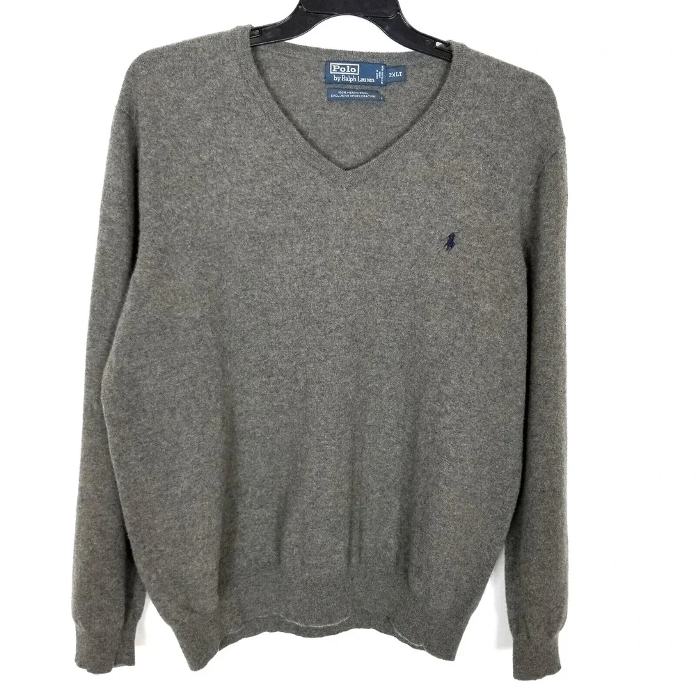 VTG Polo Ralph Lauren Men Merino Wool Sweater Pullover Sz 2XL Tall‎ Gray Preppy